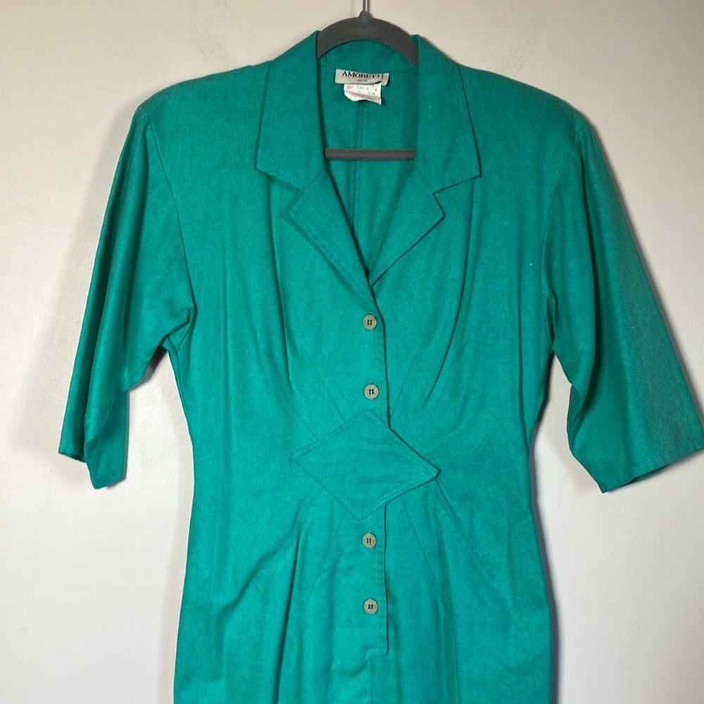 Vintage dress silk Amoretti Turquoise green Silk half sleeve retro 80s - Picture 9 of 15
